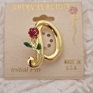 VTG L Razza  "D" Letter Initial Brooch Pin  Rose Flower 1" On The Card